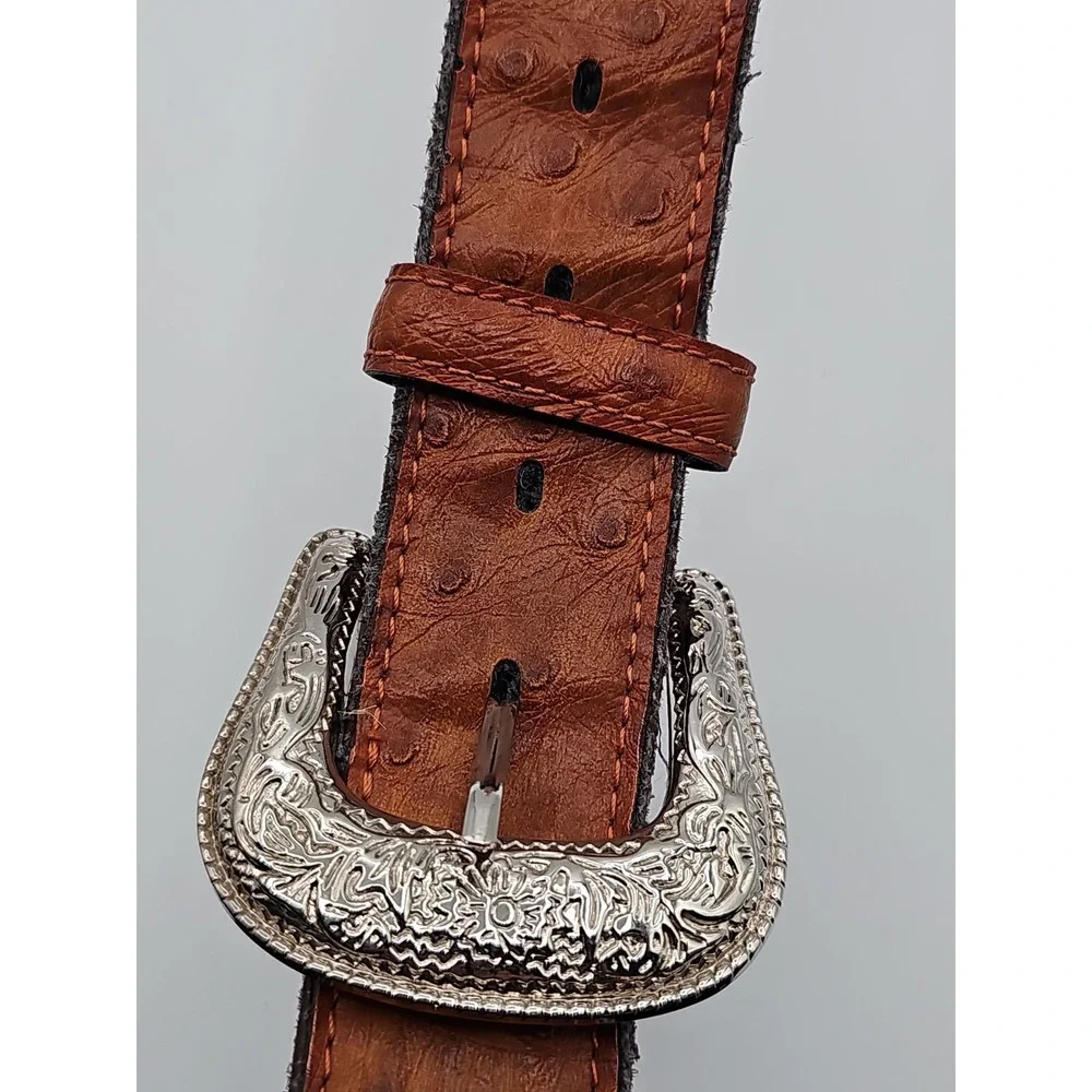 Vintage Western Brown Leather Belt Silver Conchos Ornate Buckle 38-42